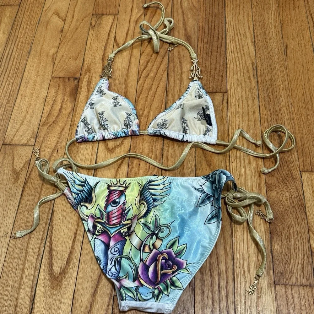 Christian Audigier Y2K Rhinestone Bird Print String Triangle Bikini Size Small - Picture 8 of 9